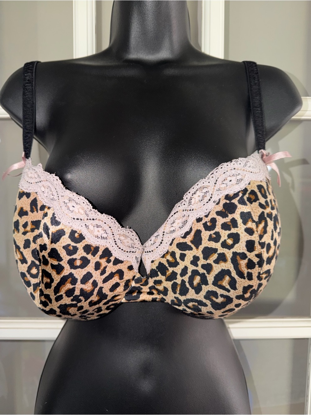 Cacique Leopard Print Underwire Bra with Pink Lace Trim 40DD